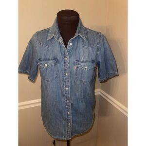 Levi's Womens Larissa Western Pearl‎ Snap Jean Shirt Sz S Denim Short Sl Cowboy